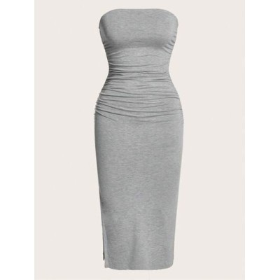 EZwear Solid Ruched Split Thigh Tube Dress - Choose Your Size