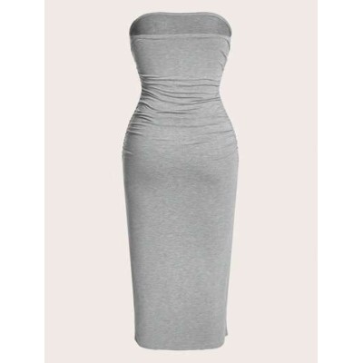 EZwear Solid Ruched Split Thigh Tube Dress - Choose Your Size