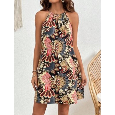 VCAY Boho Print Halter Neck Backless Summer Women Dresses - Choose Your Size