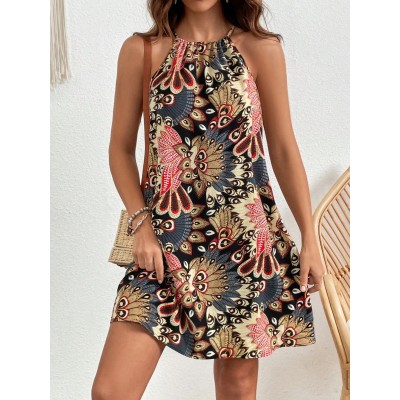 VCAY Boho Print Halter Neck Backless Summer Women Dresses - Choose Your Size