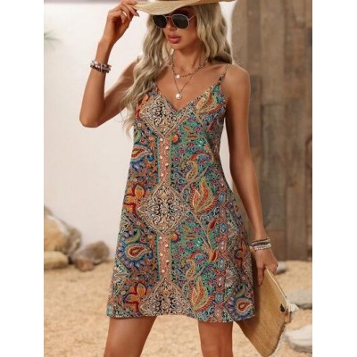 LUNE Women.s Bohemian Style Printed Wrap Dress With V-Neck, Open Back And Tasse