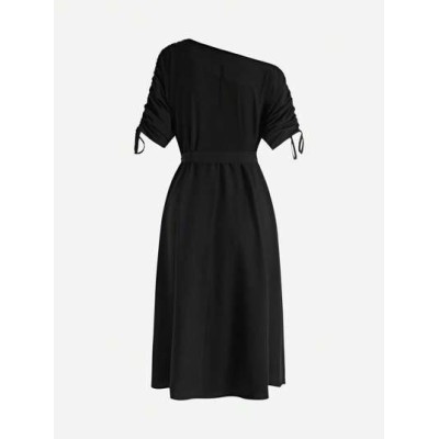 Lady Women Fashionable Solid Color Drawstring Sleeve Dress - Choose Your Size