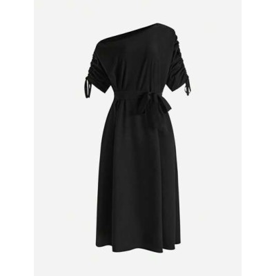 Lady Women Fashionable Solid Color Drawstring Sleeve Dress - Choose Your Size