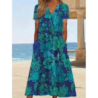 LUNE Women.s Summer Floral Printed Slit V-Neck Short Sleeve Dress With Pockets