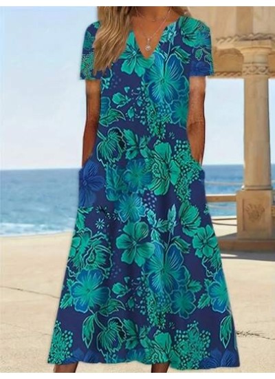 LUNE Women.s Summer Floral Printed Slit V-Neck Short Sleeve Dress With Pockets