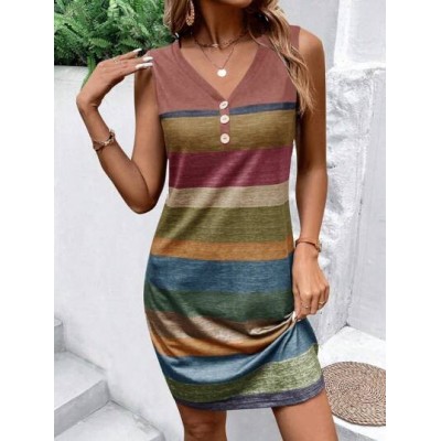 LUNE Women.s Stripe Buttoned Half Placket Sleeveless Dress - Choose Your Size