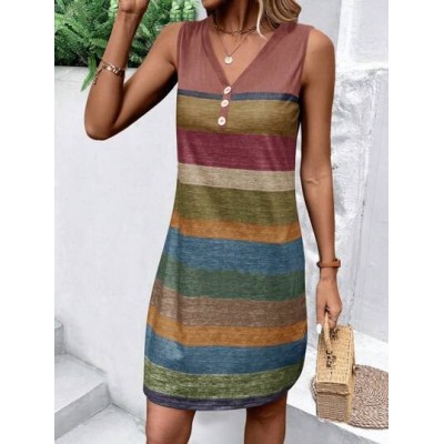 LUNE Women.s Stripe Buttoned Half Placket Sleeveless Dress - Choose Your Size