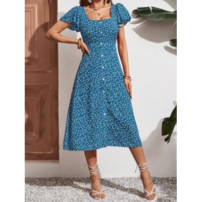 Frenchy Women Ruffle Sleeve Teacher Dress,Derby Dress, Print Button Front Butte