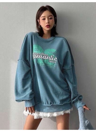 Women.S Letter Print Drop Shoulder Long Sleeve Sweatshirt - Choose Your Size