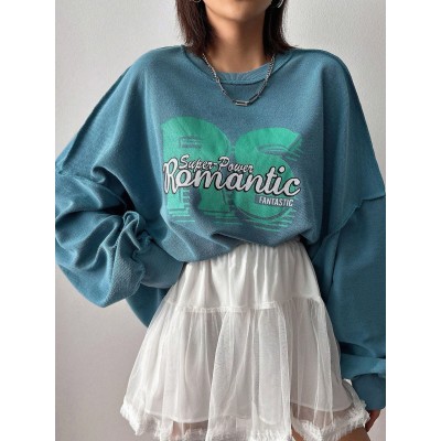 Women.S Letter Print Drop Shoulder Long Sleeve Sweatshirt - Choose Your Size