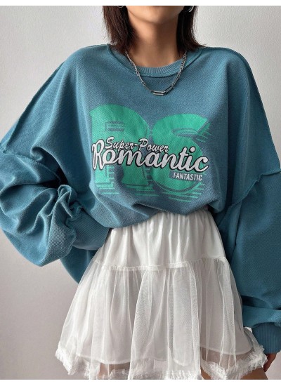 Women.S Letter Print Drop Shoulder Long Sleeve Sweatshirt - Choose Your Size