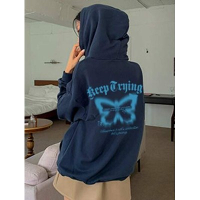 Slogan & Butterfly Print Drop Shoulder Hoodie - Choose Your Size