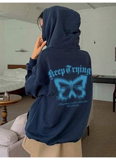 Slogan & Butterfly Print Drop Shoulder Hoodie - Choose Your Size