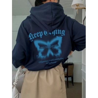 Slogan & Butterfly Print Drop Shoulder Hoodie - Choose Your Size