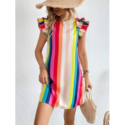 VCAY Rainbow Striped Ruffle Trim Dress - Choose Your Size