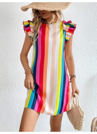 VCAY Rainbow Striped Ruffle Trim Dress - Choose Your Size