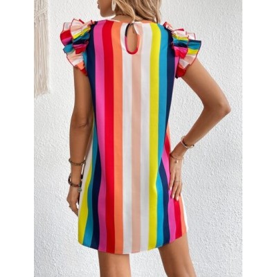 VCAY Rainbow Striped Ruffle Trim Dress - Choose Your Size