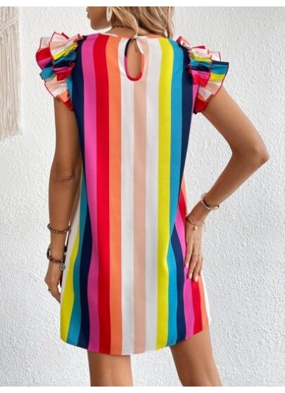 VCAY Rainbow Striped Ruffle Trim Dress - Choose Your Size