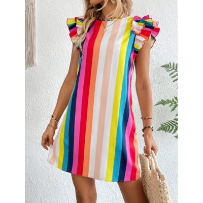 VCAY Rainbow Striped Ruffle Trim Dress - Choose Your Size