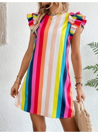 VCAY Rainbow Striped Ruffle Trim Dress - Choose Your Size