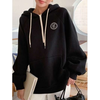 Dazy Star Women.s Simple Black Hoodie With Half Zipper - Choose Your Size