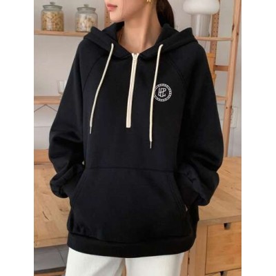 Dazy Star Women.s Simple Black Hoodie With Half Zipper - Choose Your Size