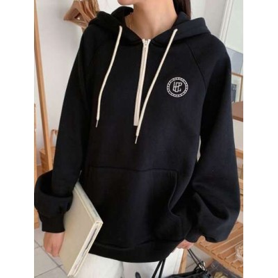 Dazy Star Women.s Simple Black Hoodie With Half Zipper - Choose Your Size