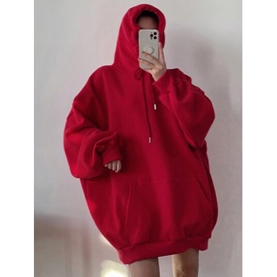 Women.s Solid Color Drop Shoulder Drawstring Hooded Sweatshirt - Choose Your Si