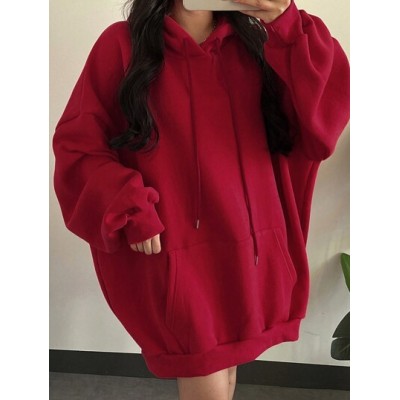 Women.s Solid Color Drop Shoulder Drawstring Hooded Sweatshirt - Choose Your Si