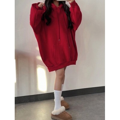 Women.s Solid Color Drop Shoulder Drawstring Hooded Sweatshirt - Choose Your Si