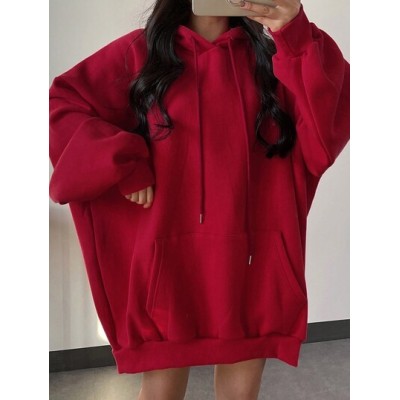 Women.s Solid Color Drop Shoulder Drawstring Hooded Sweatshirt - Choose Your Si