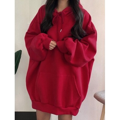 Women.s Solid Color Drop Shoulder Drawstring Hooded Sweatshirt - Choose Your Si