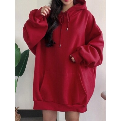 Women.s Solid Color Drop Shoulder Drawstring Hooded Sweatshirt - Choose Your Si