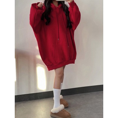 Women.s Solid Color Drop Shoulder Drawstring Hooded Sweatshirt - Choose Your Si