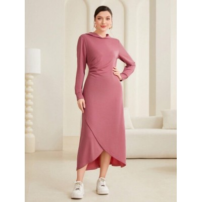 Mulvari Solid Color Hooded Wrap Hem Sweatshirt Dress - Choose Your Size