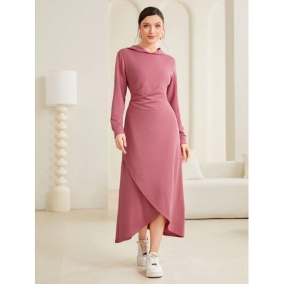 Mulvari Solid Color Hooded Wrap Hem Sweatshirt Dress - Choose Your Size