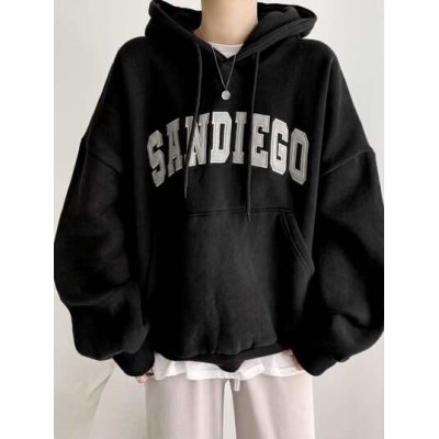 Letter Graphic Kangaroo Pocket Drop Shoulder Drawstring Hoodie Without Tee - Ch