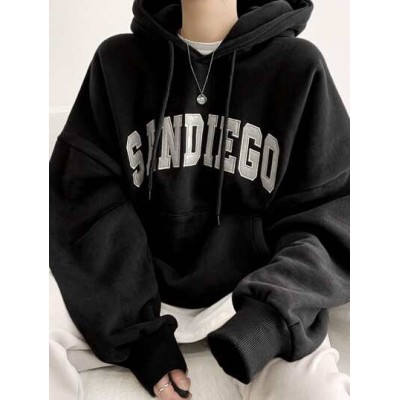 Letter Graphic Kangaroo Pocket Drop Shoulder Drawstring Hoodie Without Tee - Ch