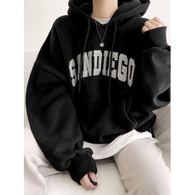 Letter Graphic Kangaroo Pocket Drop Shoulder Drawstring Hoodie Without Tee - Ch