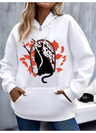 EZwear Women.s Round Neck Cat Printed Long Sleeve Sweatshirt - Choose Your Size