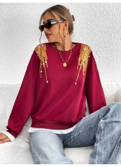 Essnce Women.s Pearl Beaded Drop Shoulder Sweatshirt - Choose Your Size