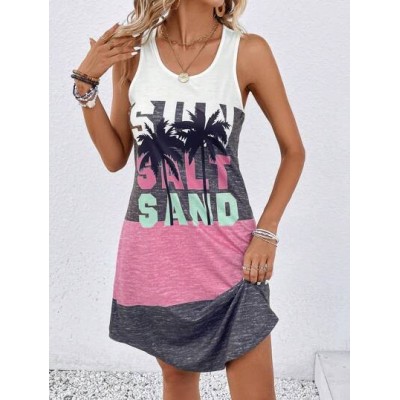 LUNE Coconut Tree & Letter Graphic Colorblock Tank Dress - Choose Your Size