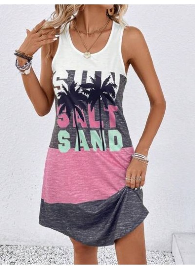 LUNE Coconut Tree & Letter Graphic Colorblock Tank Dress - Choose Your Size