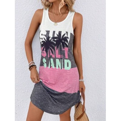 LUNE Coconut Tree & Letter Graphic Colorblock Tank Dress - Choose Your Size