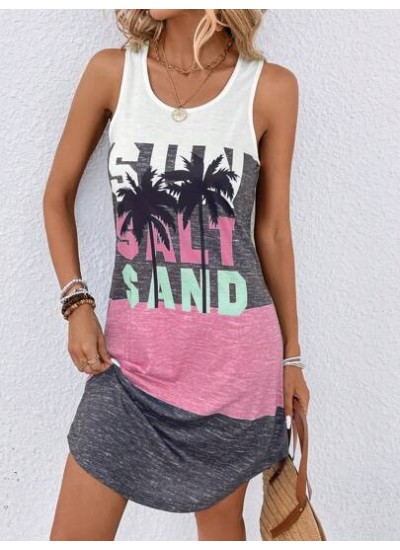 LUNE Coconut Tree & Letter Graphic Colorblock Tank Dress - Choose Your Size