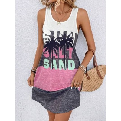 LUNE Coconut Tree & Letter Graphic Colorblock Tank Dress - Choose Your Size