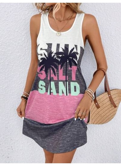 LUNE Coconut Tree & Letter Graphic Colorblock Tank Dress - Choose Your Size