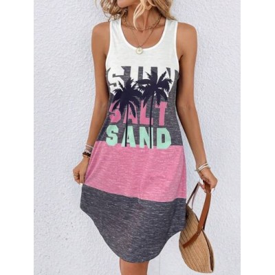 LUNE Coconut Tree & Letter Graphic Colorblock Tank Dress - Choose Your Size