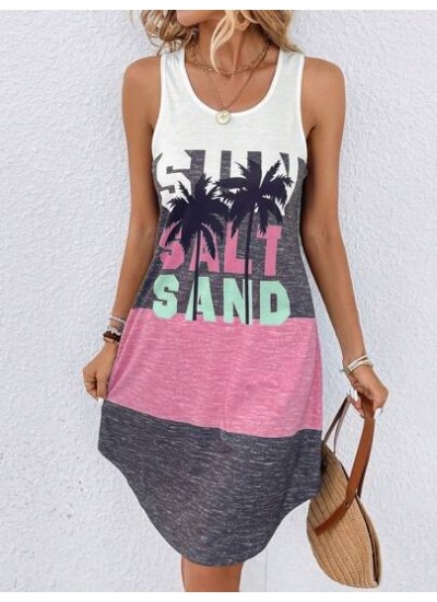 LUNE Coconut Tree & Letter Graphic Colorblock Tank Dress - Choose Your Size