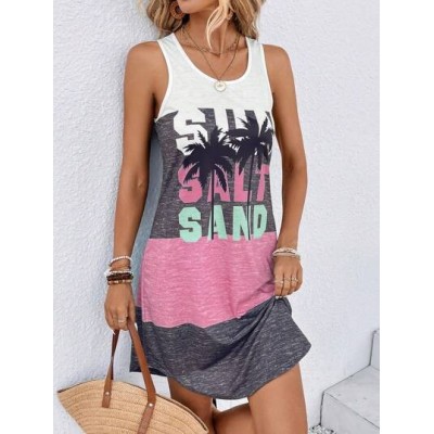 LUNE Coconut Tree & Letter Graphic Colorblock Tank Dress - Choose Your Size